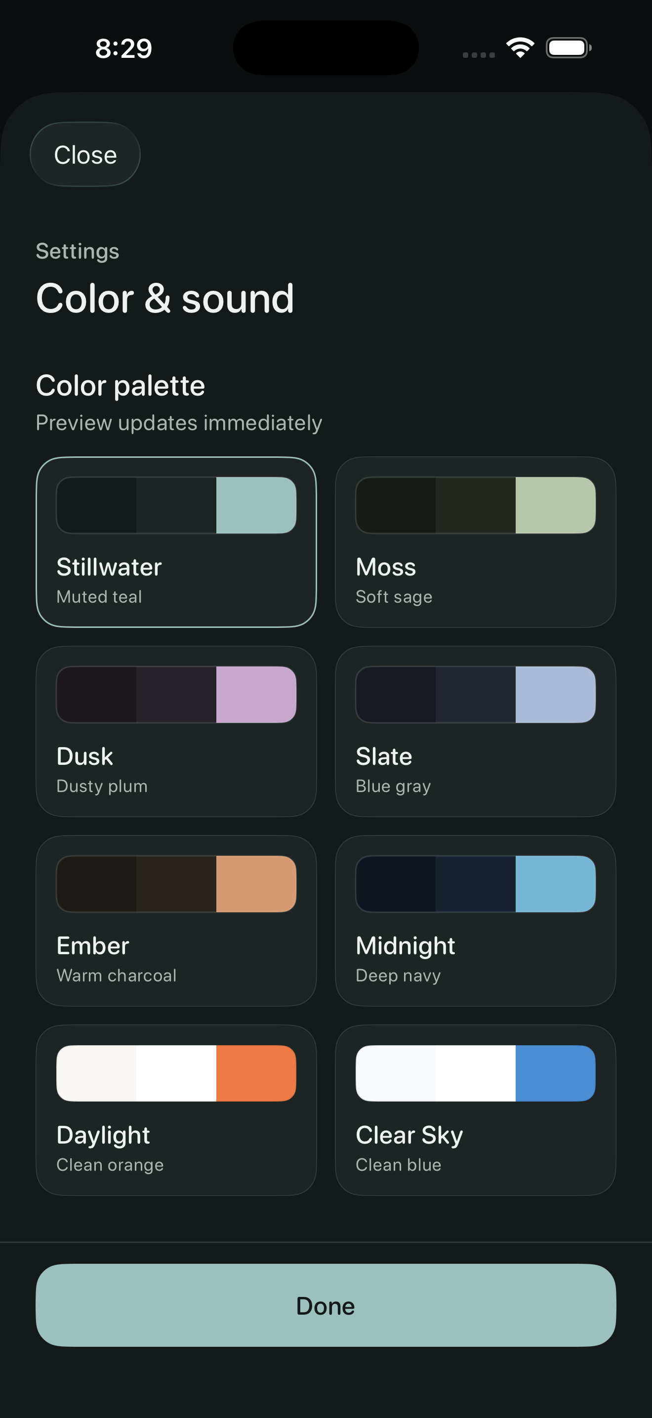 17three color palette settings with Stillwater, Moss, Dusk, Slate, Ember, Midnight, Daylight, and Clear Sky