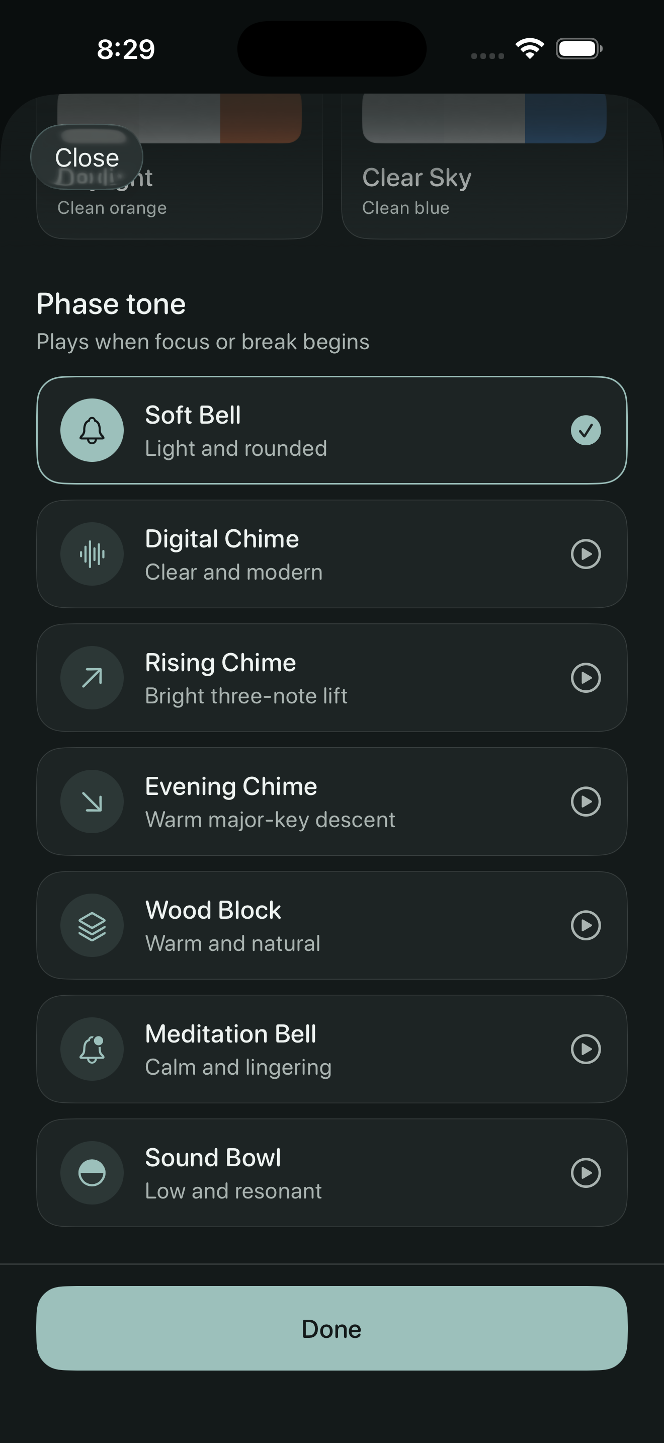 17three phase tone settings including soft bells, chimes, wood block, meditation bell, and sound bowl